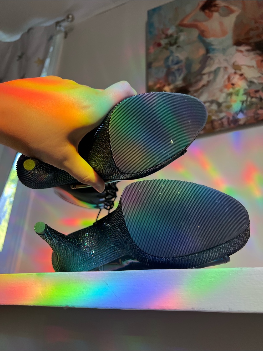 Pleaser Holographic Black Platform Rhinestone Lace-Up Boots sz 12 read post - Picture 9 of 16